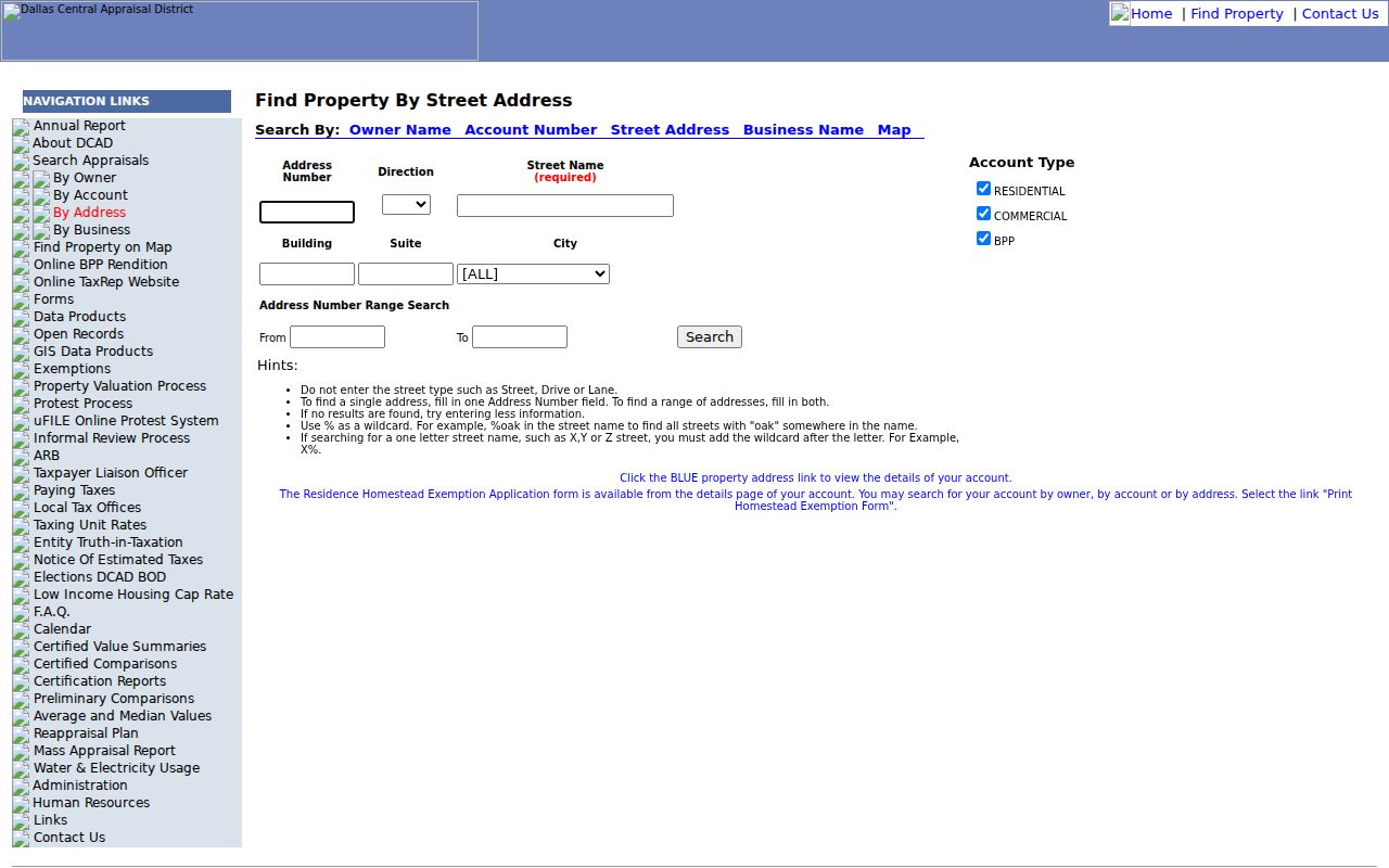 Cedar Hill residents directory DCAD address search fields