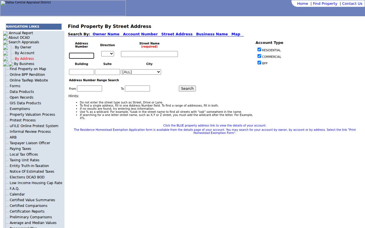 Cedar Hill street directory DCAD eSearch address and parcel search options