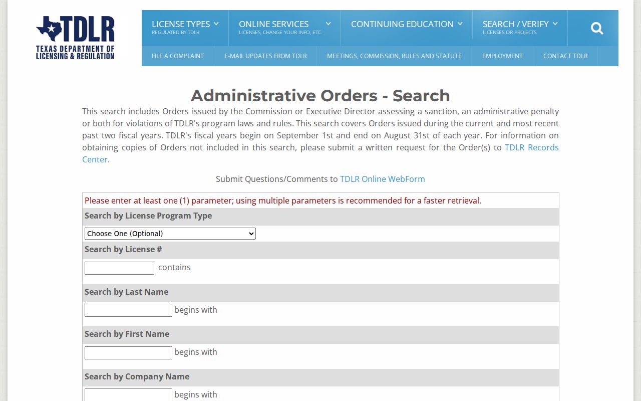Cedar Hill ZIP code directory research using the TDLR license search ZIP field